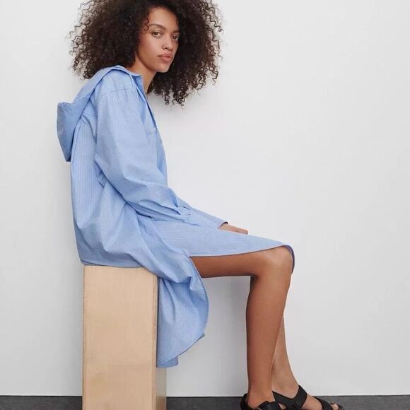 ZARA Oversized Hooded Striped Dress Pocket Cotton - Picture 11 of 12